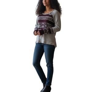 Free People Mixed Media Sweater XS Burgundy‎ Gray Aztec Distressed Pullover